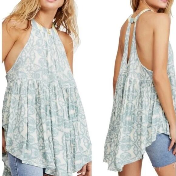 Free People Mimi Tunic Top Small Blue White Linen Blend Tank Flowy Loose Boho - Picture 2 of 12